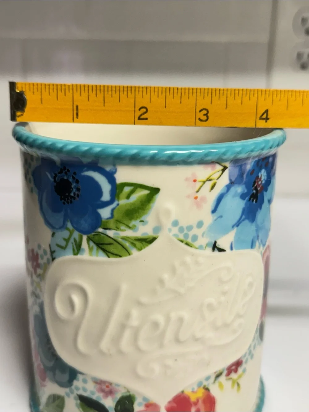 The Pioneer Woman Melody Stoneware Utensil Holder Turquoise Blue Floral